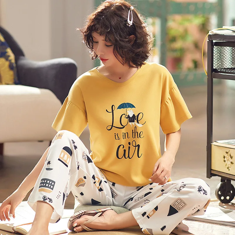 

Women's Cute Pajamas Set Cartoon Casual Home Service Short-sleeved Sleepwear, Yellow, pink, brown, white
