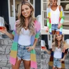 Autumn Sweater Women Long Sleeve Patchwork Knitted Open Front Rainbow Striped Cardigan Women Coat sueter mujer invierno 2019