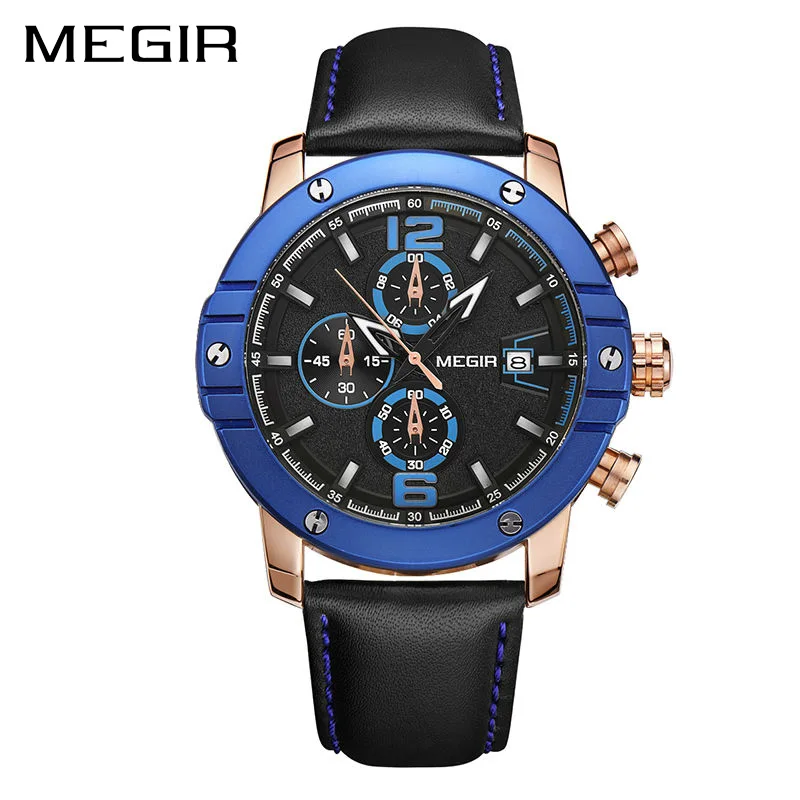 

Luxury Brand Megir Men's Leather Watches 3atm Waterproof Watches man Hot sales high quality Men's Army Military Watches