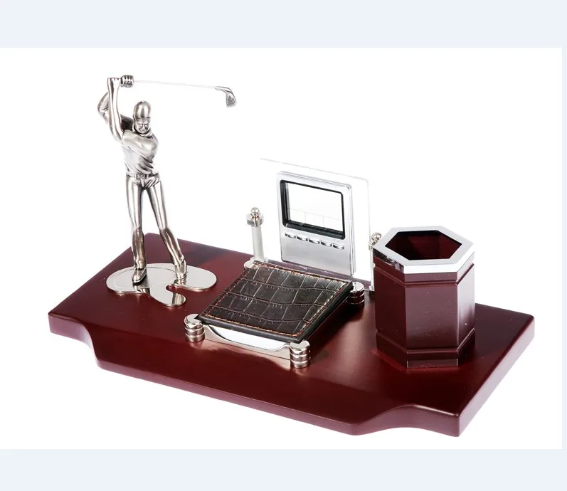 Deluxe Red Wooden Base Pen Holder With Clock Golf Desk Top Gift