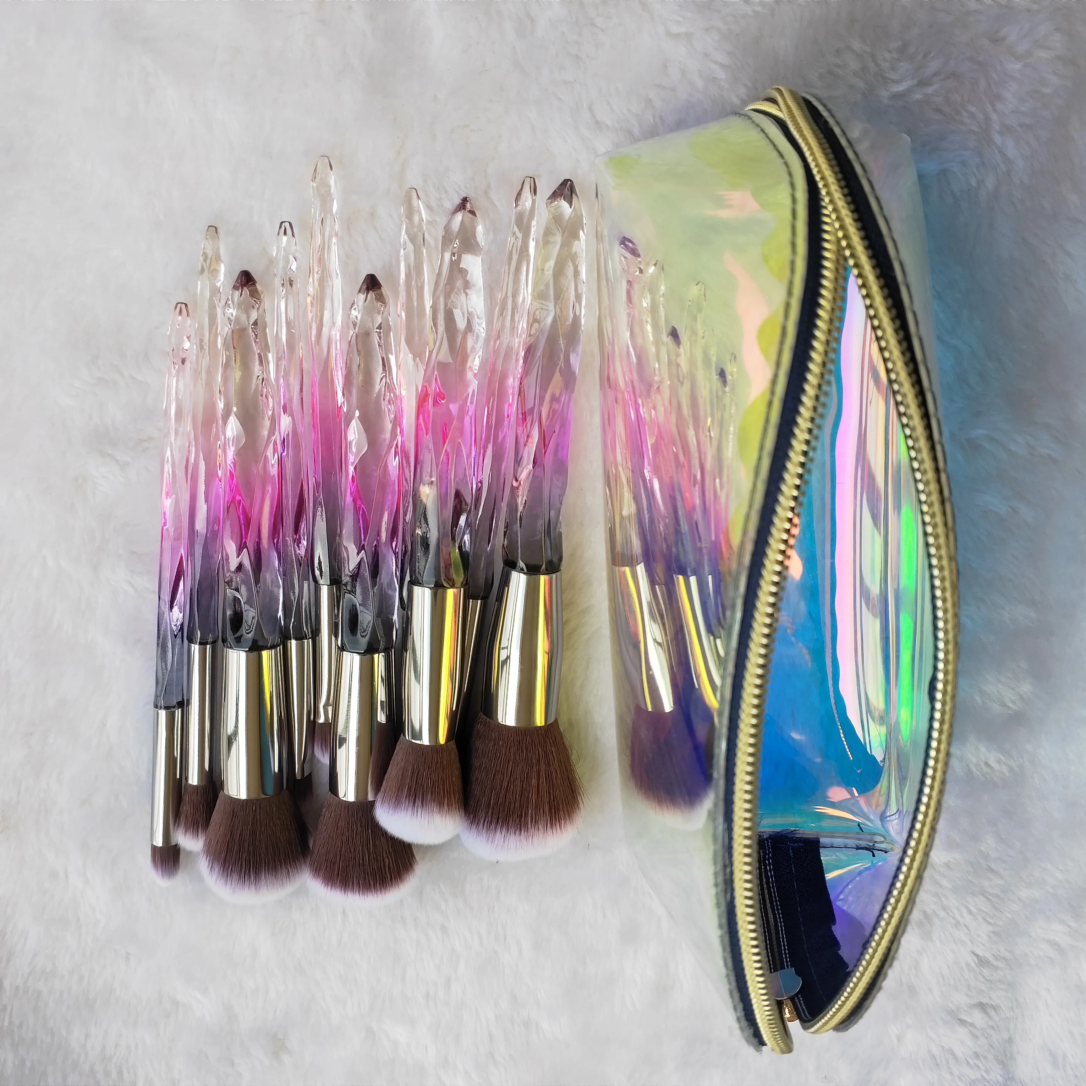 

holographic crystal 10 pcs synthetic hair makeup brushes private label eyebrow lipstick blending highlight brushes