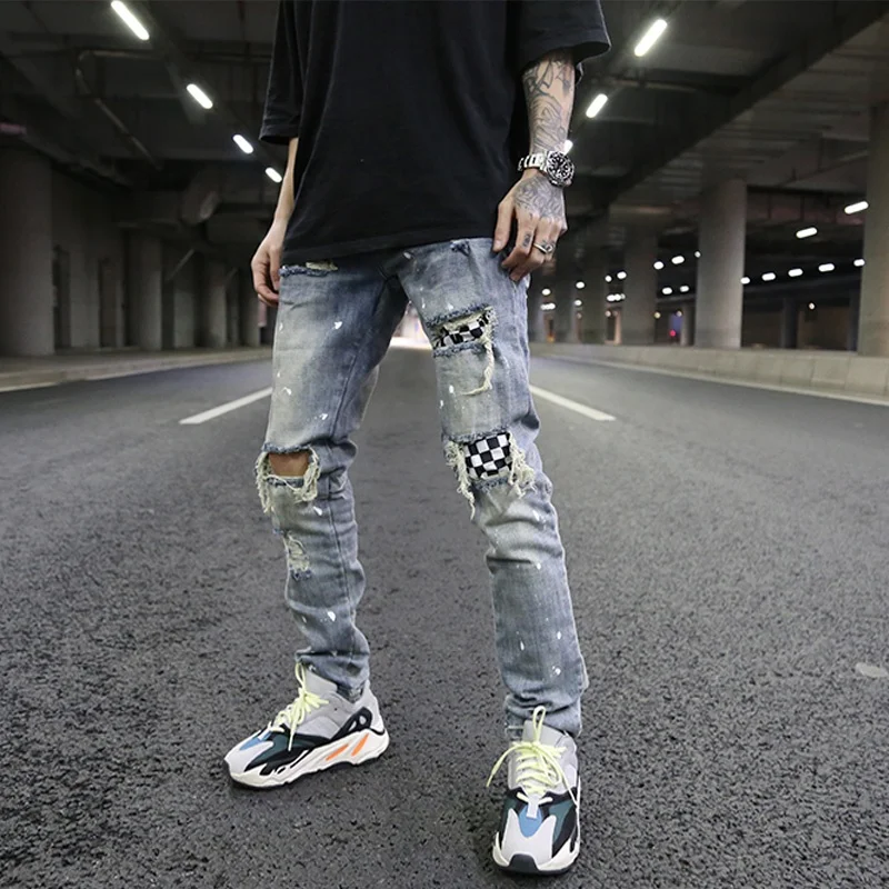 

OEM FOG stock drop ship vintage skinny ripped Ripped men pantspaint blue jeans