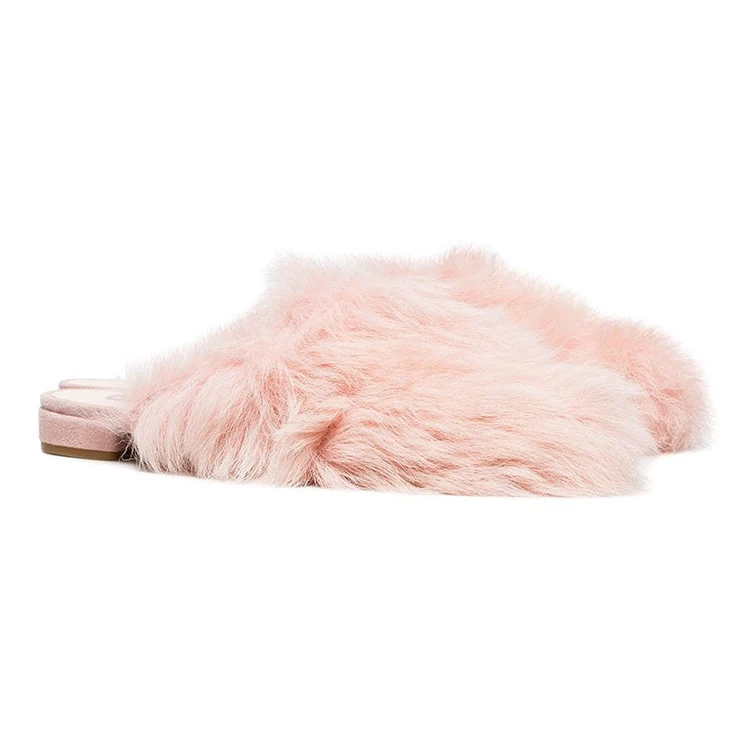 

Fashion Pink Shearling Chaussure Femme Round Toe Slippers Mink Fur Flat Mules Name brand slipper Sandal Fluffy Shoes Slipper, Pink/ yellow/grey/rose gold/black/white/silver/