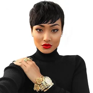Pixie Cut Machine Mad Wigs Short Human Hair Wigs for Black Women Short Straight Black Ladies Wigs 1B Color