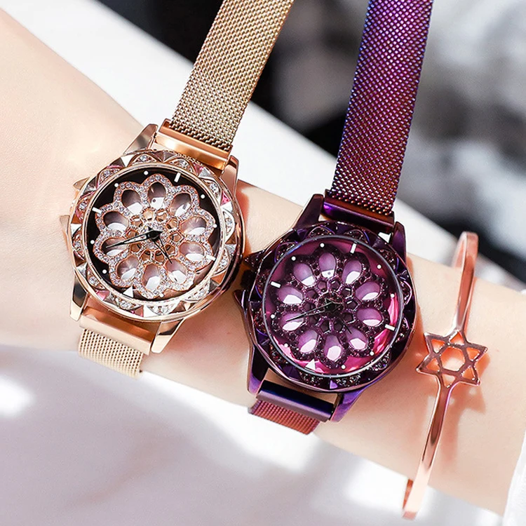 Fashion Women 360 degree Rotation Watch Luxury  Mesh Magnet Wristwatch Individuality Geometric Quartz Watch  SMKI032