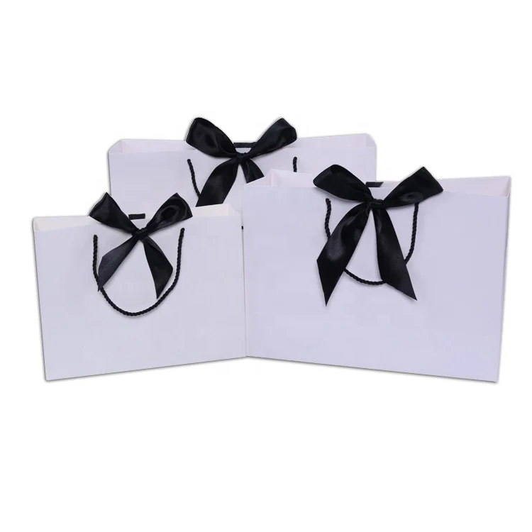 
custom logo printed retail shopping white paper carry bags with bow tie 