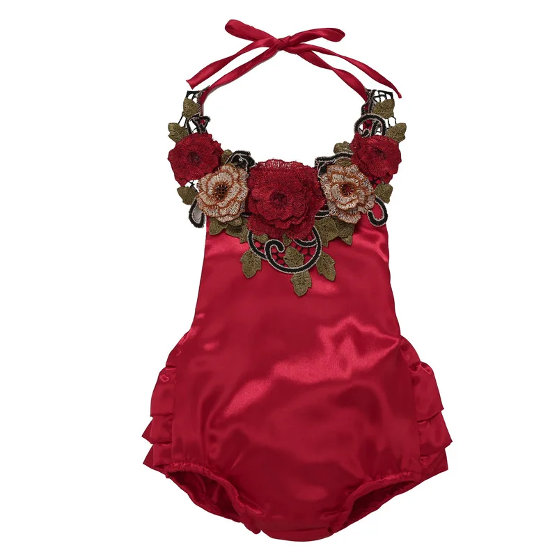 

R&H Wholesale Backless Summer Embroidery spaghetti strap Cotton Infant Girl boutique baby Bodysuit, As the picture show