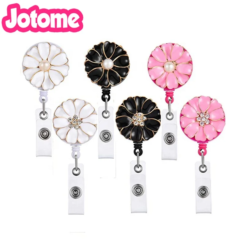 

Customized Fashion Flower enamel Rhinestone/pearl Retractable Crystal ID Card Badge Holder reel for nurse/gift, As picture