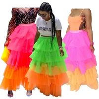 

SADF0654 New arrival contrast color tulle material high waist ruffle fashion women long tiered skirt