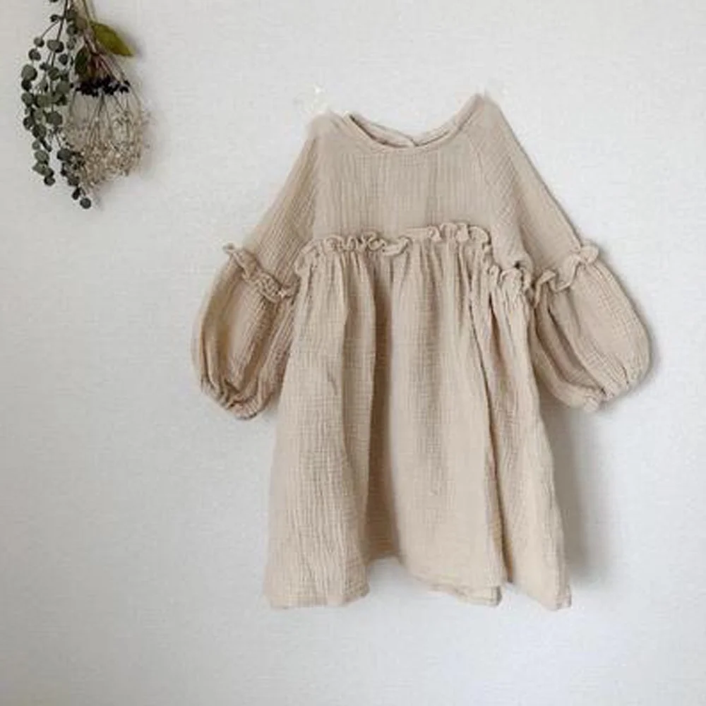 

little girls cotton linen rurffle puffy dress, As the pic show