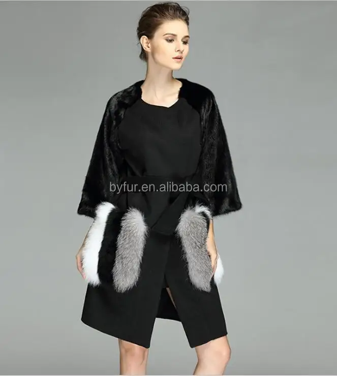 

WFur 6103 Comfort Cashmere Coat with Black Mink Fur Sleeves and Real Fox Fur Pocket Fur Coat with Belt O Collar Slim For Women, N/a
