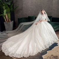 

2019 High Neck Half Sleeve Wedding Gown Vintage Bridal Gown Lace Embroidery Wedding Dress With Big Train