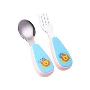 Image of Kitchen Accessories Food Grade Material Children Cute Cartoon Animal 304 Stainless Steel Plastic Baby Feeding Spoon Fork sets