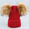 H95 Custom Women Double Pom Pom Beanie Hat Knit With Faux Fur Pompom Ears Winter Soft Skull Ski Cap