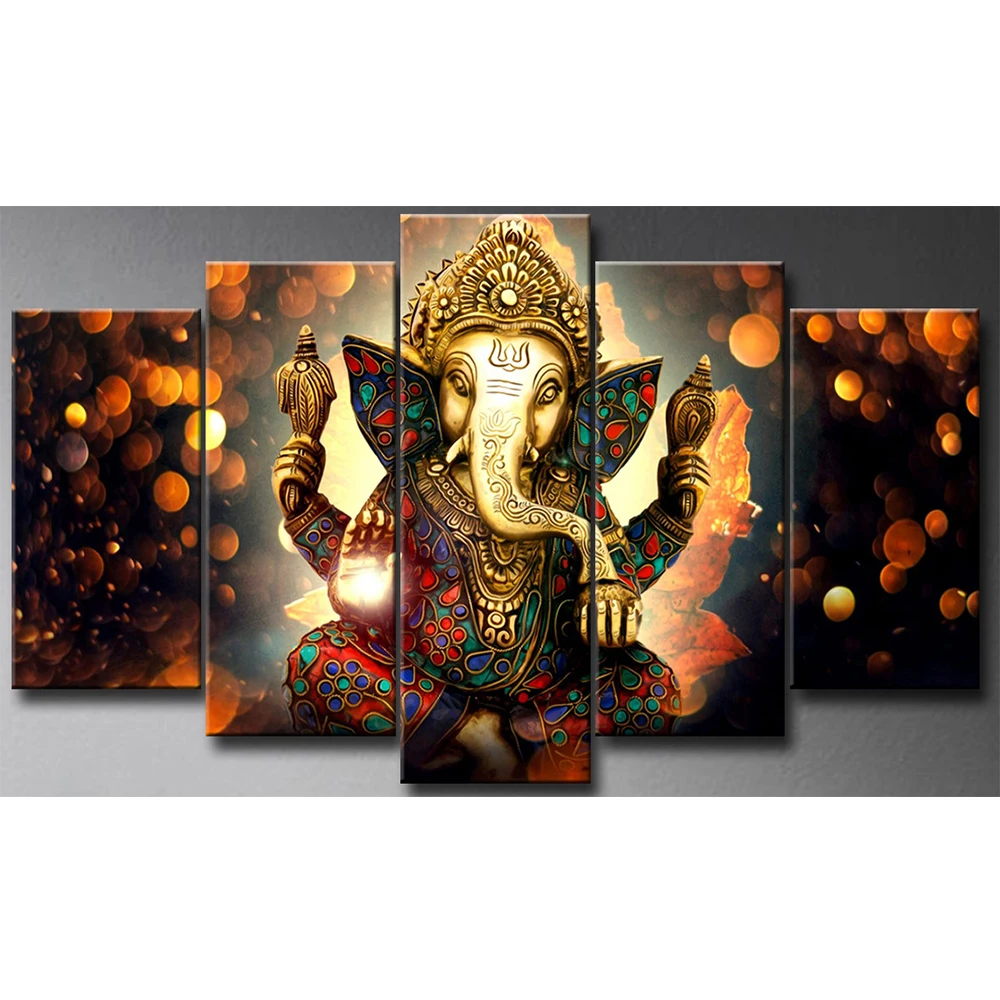 

5 panels canvas print Indian buddha Hindu God Elephant Ganesha painting factory wholesale cheap price high quality, Multi color