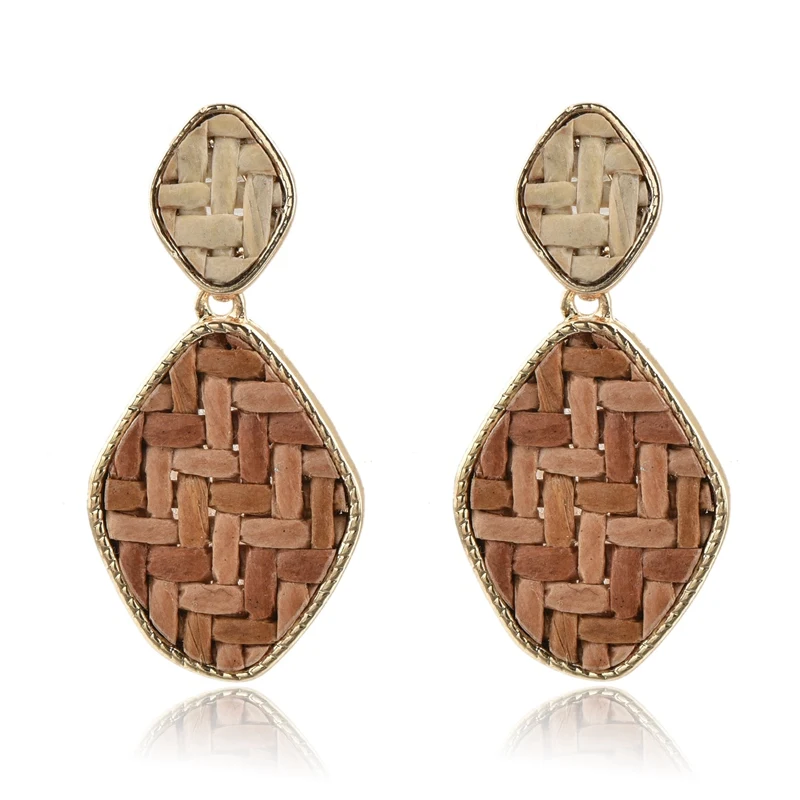 

Grass rattan weave boho style geometric retro exaggerated earrings girls gift, Customized color