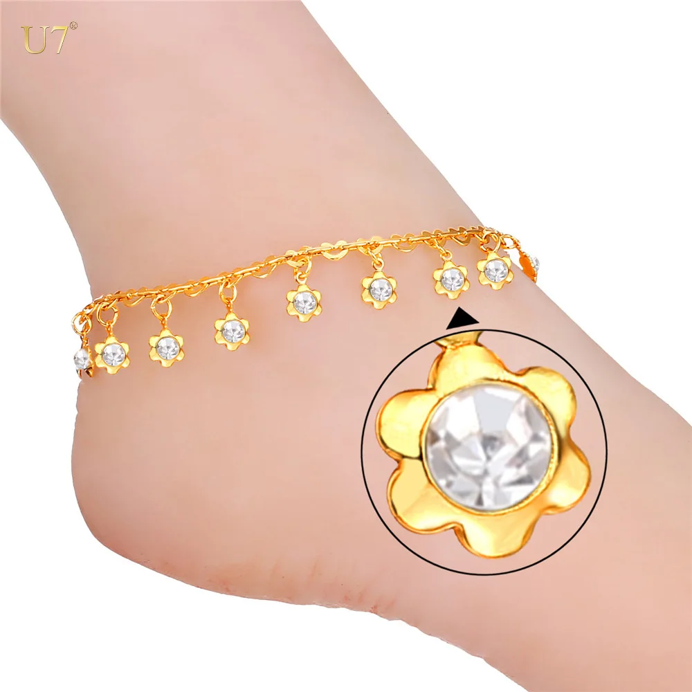 

U7 Foot Chain Design Foot Jewelry with rhinestone crystal Gold Plated Flower Crystal Link Chain Ankle Bracelets For Women, Gold/silver color