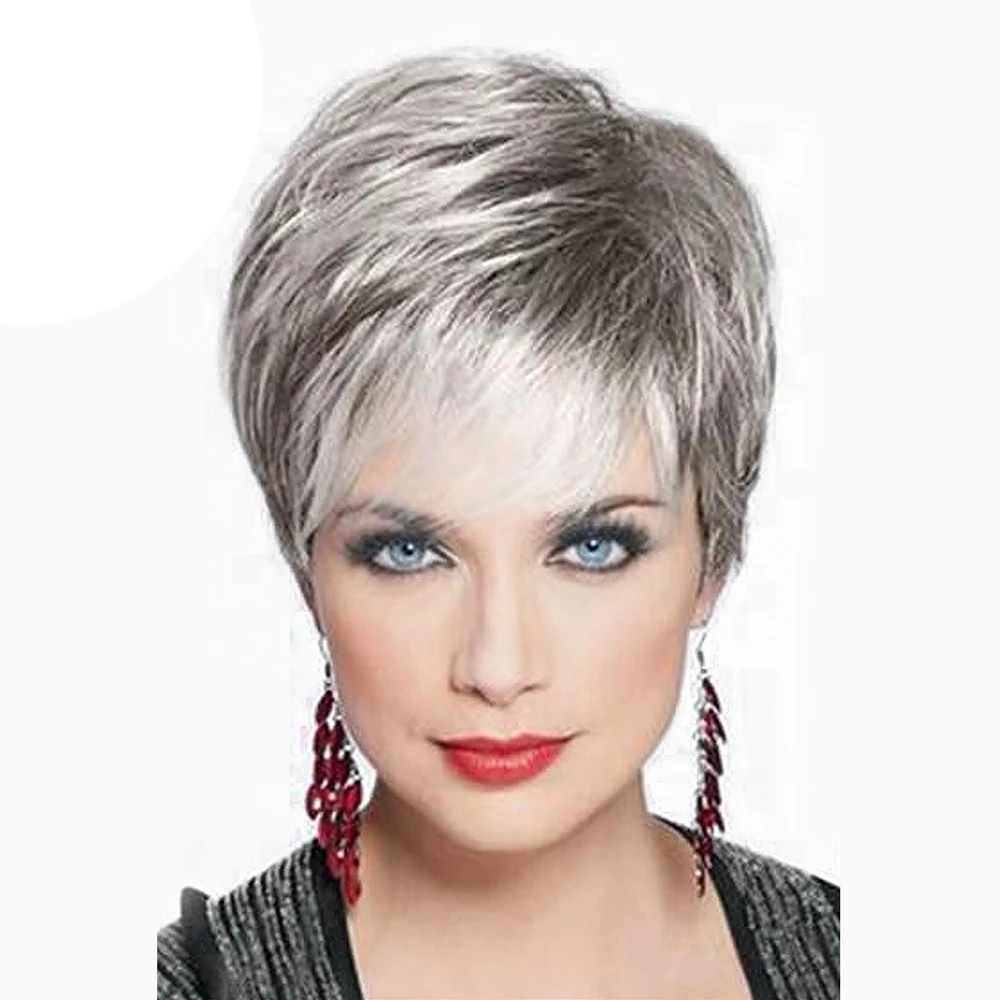 

BVR Human Blended Wigs Perruques Naturelles Women Silver Gray Color Short Blended Hair Wig For Grandma