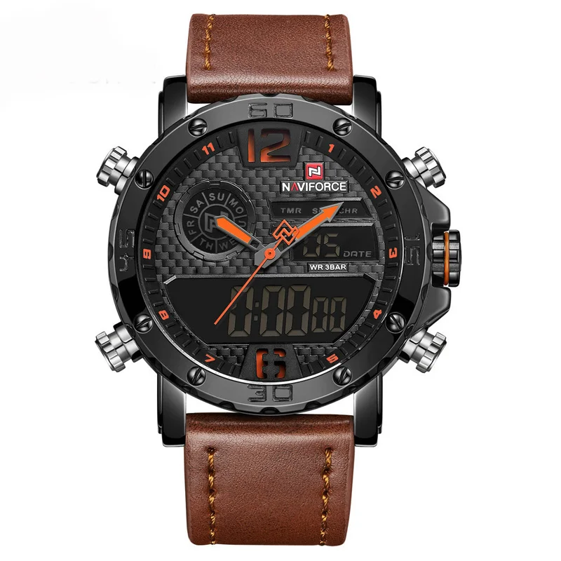 

NF9134 New Arrival Factory Direct Leather Band Naviforce Brand Multifunction Double Show Luminous Businessmen Watches, Multicolor
