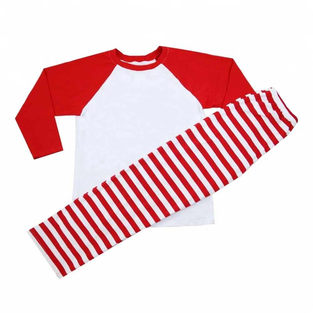 

100% cotton unisex boys girls raglan red white stripe boutique clothes Christmas pajamas, All the color is available