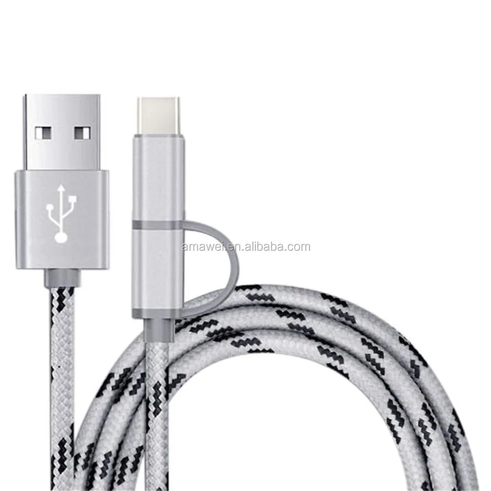 Durable hot selling 2 in 1 Micro USB Type C Male Data Charging Cable for cell phone