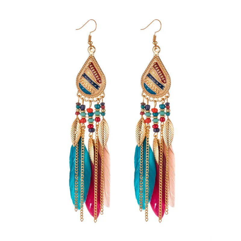 

New Design Bohemia Miyuki Tassel Feather Pendent Earrings Golden Alloy Hoop Earring For Women, As picture