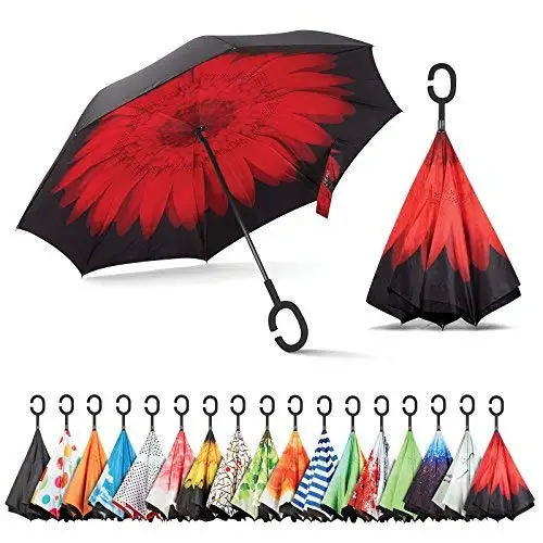 Large Double Layer Inverted Big C-Shaped Handle Reverse Long Umbrella