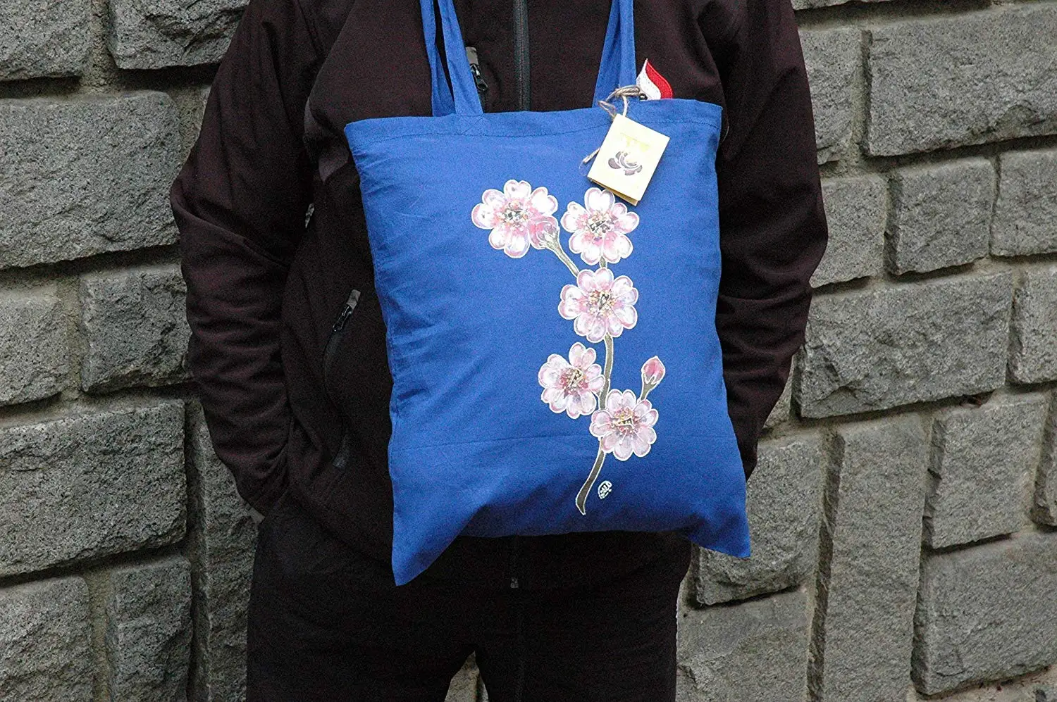 Sale!!!15% Off,Cherry Blossom Sakura Bag,Japanese Hand Painted Bag,Japan tote bag,Cherry Blossom tote bag,Sakura Flower hand painted blue tote,Pink Cherry Blossom.