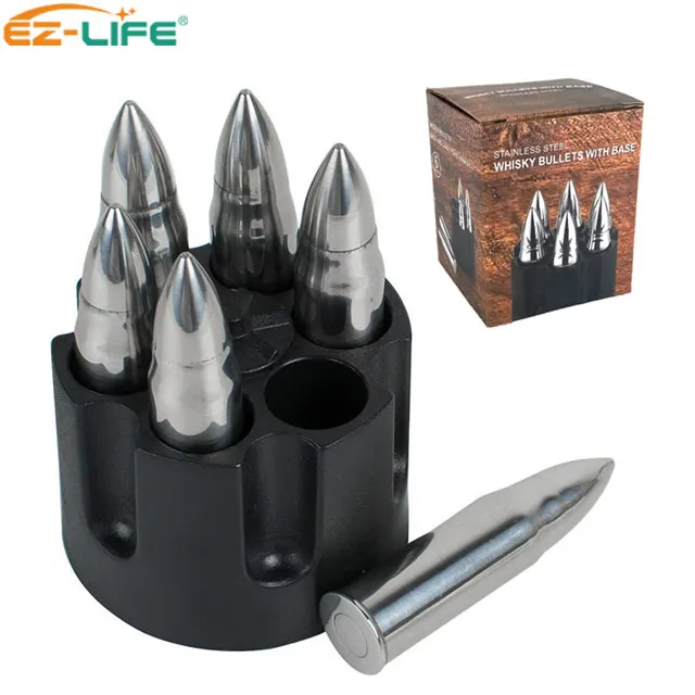 

Amazon hot sale bar accessories 6 PCS/set Stainless Steel Whiskey Stones reusable Metal Bullet Ice Cubes With Cartridge Clip, Silver