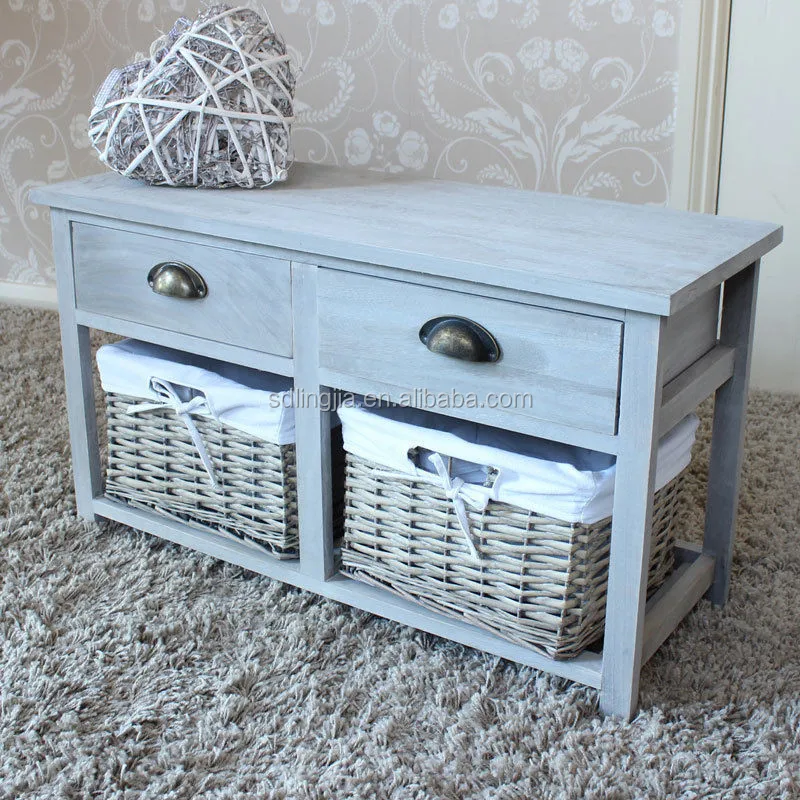 Water Hyacinth Grey Wicker Basket Side Vintage Wood Drawer Cabinet