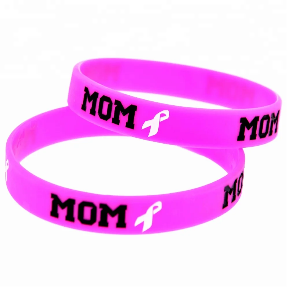 

50PCS Hot Pink Debossed MOM with Ribbon Silicone Wristband for Cancer Awareness