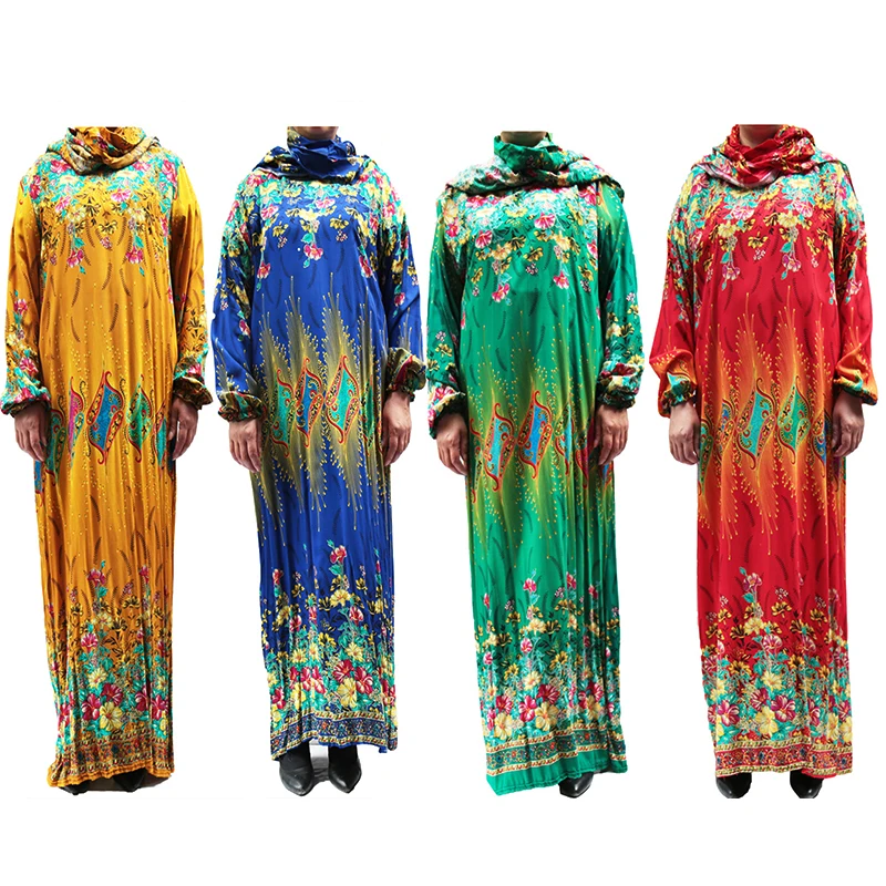 Colorful Flower Print Muslim Long Dress With Scarf