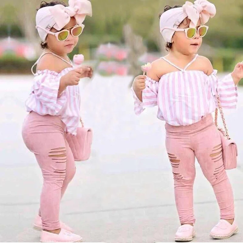 

Pink stripe off shoulder clothes 2 piece set fashion boutique summer baby girl outfit