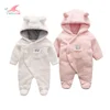 Factory wholesale custom winter animal ear hooded merino wool baby rompers clothes