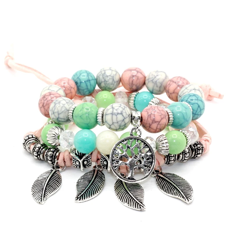

3pcs/set Cute Candy Beads Leaf Fox Owl and Tree Charm Bracelets & Bangles Strand Stretch Friendship Bracelets Pack for Women, Any other colors you want