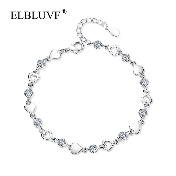 

ELBLUVF Copper Alloy Zircon Jewelry Women Love Heart 925 Sterling Silver Plated Bracelets, White / purple