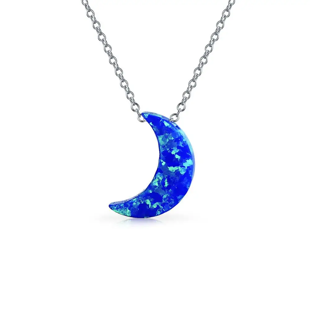 

8*11mm Fashion Jewelry Synthetic Blue Opal stone Crescent Moon Pendant Necklace, Silver