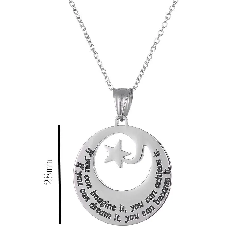 

Stainless Steel Inspired Engraved Encourage Letters Star Round Pendant Necklace