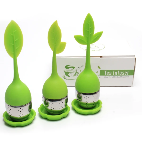 

Silicone Loose Tea Infuser Long Leaf Shape Handle 304 Stainless Steel Strainers Reusable Ball Steeper Set Silicon Mat Herbal Tea