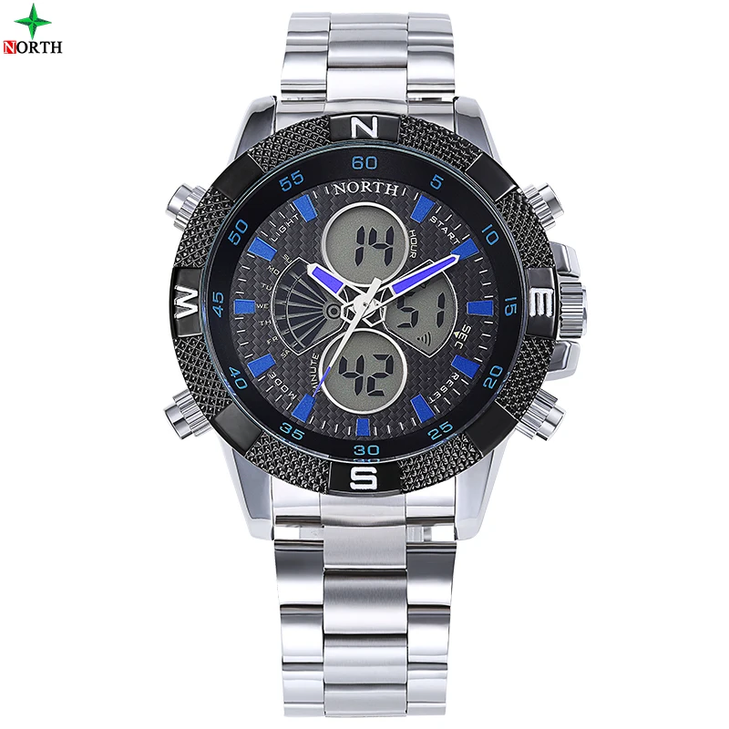 

North 6013 men LED Digital & Quartz Movement Stainless Steel Wrist Watch Men Fashion 30M Waterproof Watch, N/a