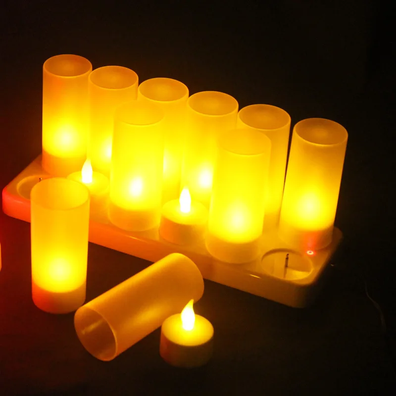 Set Of 12 Amber Flickering Rechargeable Led Tea Light Candleled Flameless Rechargeable Tealight 