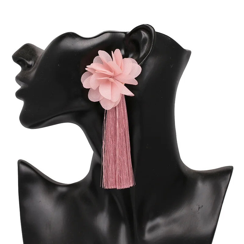 

18080902 flower tassel earring silk blue black flower earring wholesale long silk thread tassel earrings with fabric flower, As photo