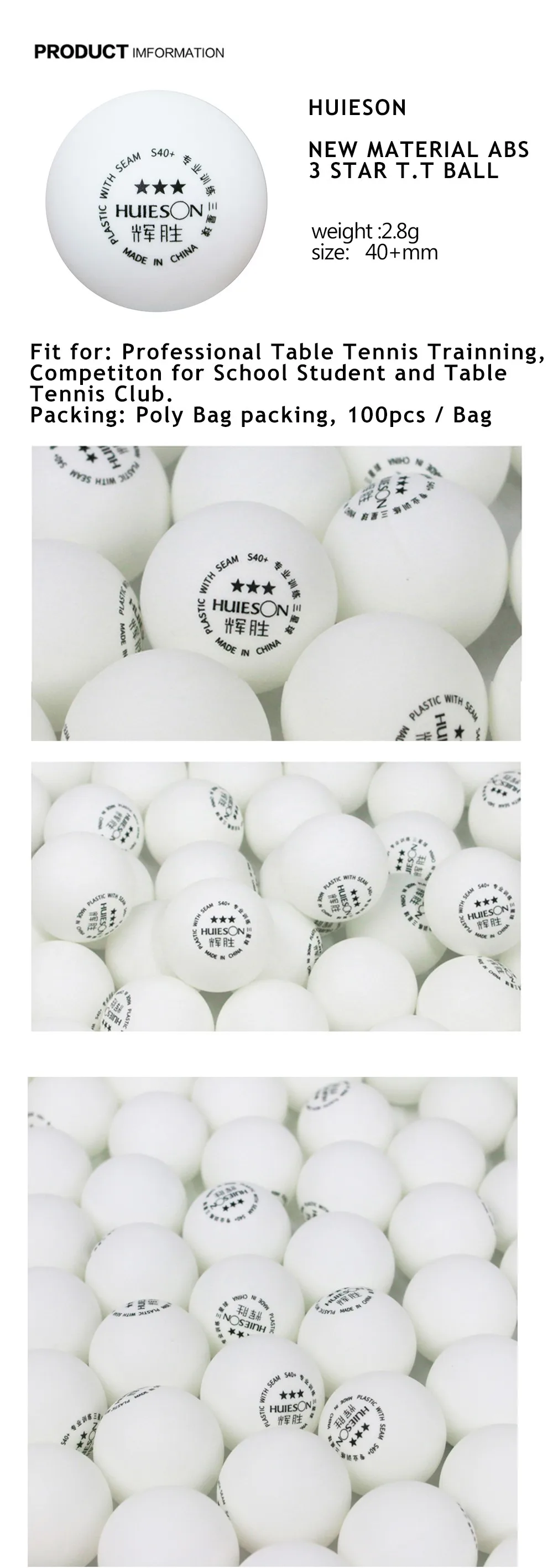 Huieson S40+ Training 3 Star White Abs 40 Plastic Table Tennis Ball