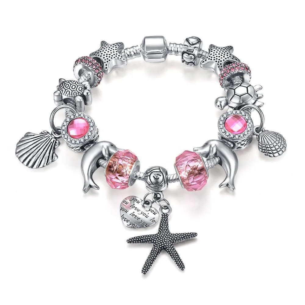 

Qings Pandora Style Charm Bracelets Bangles With Pink Love Dolphin Starfish Turtle Engraved Heart For Girl Gift