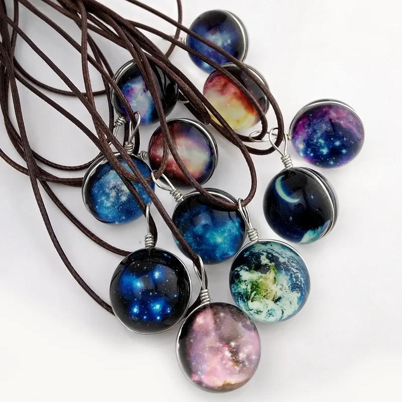 

Collares Duplex Planet Crystal Stars Ball Glass Galaxy Pattern Leather Chain Pendants Maxi Necklace For Girlfriend Gift