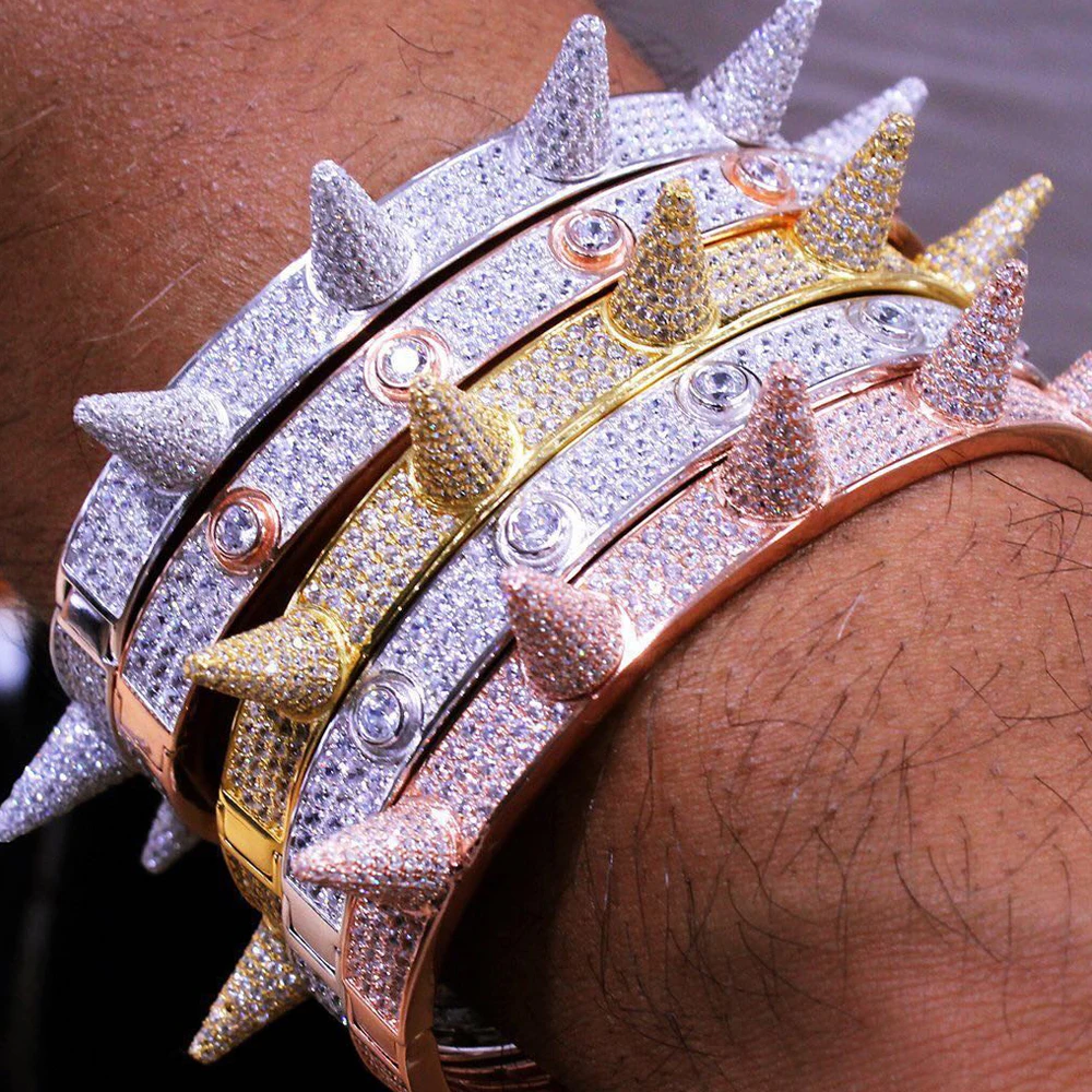 

Luxury 14k Gold Plated Hip Hop Lil Pump Spike Cuff Bangle Bracelet Iced Out Lab Diamond, Cuff bangle bracelet for Men