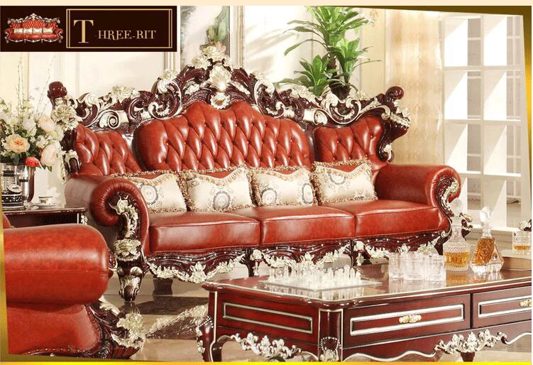 high quality European antique living room sofa furniture genuine leather set p10081