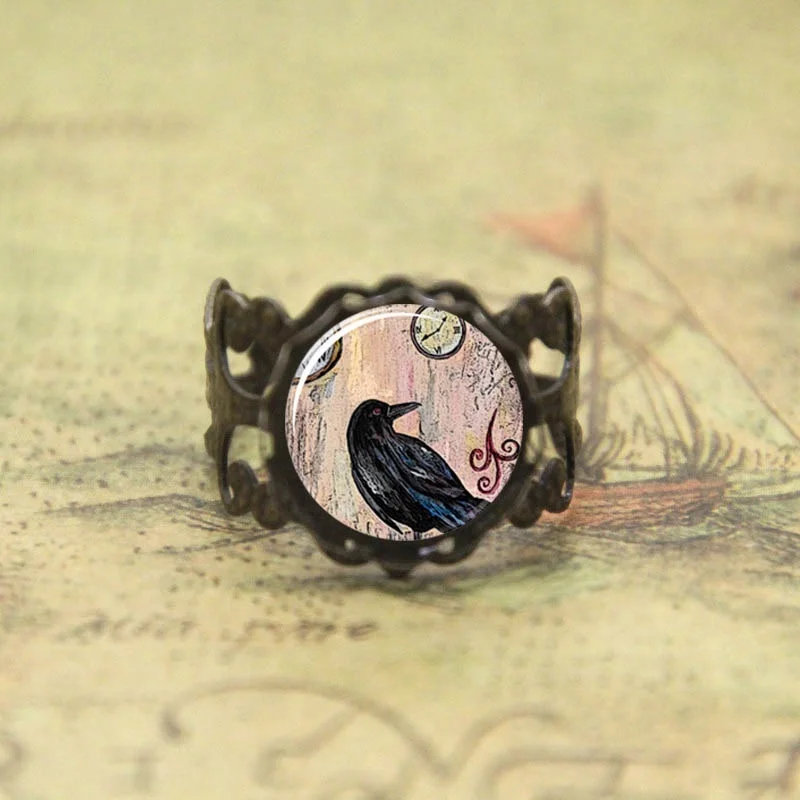 

Steampunk raven ring steampunk jewelry blackbird glass Photo Cabochon ring