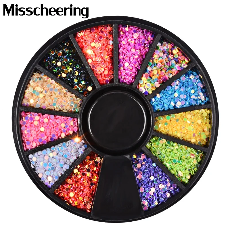 

Misscheering 1mm Laser Round Flat Back 3D Nail Art Sequins Decorations Wheel DIY Manicure Nail Accessories, 12 colors