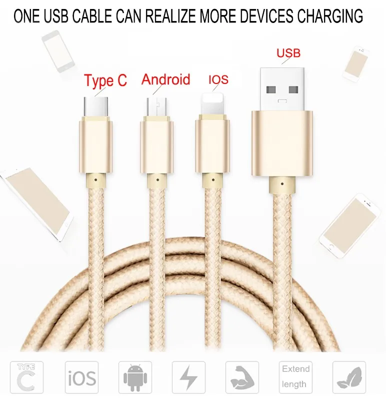 High Quality 3 In 1 Type-C Micro USB Data Charging Cable For Iphone Android and USB C - ANKUX.COM